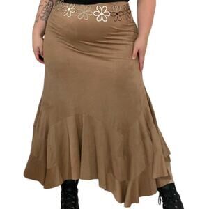 Coco Bianco Brown Faux Suede Elastic Waist Midi Skirt sz XL